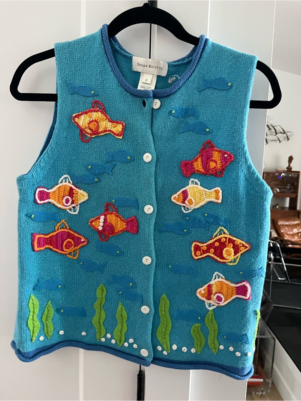 VTG Susan Bristol Turquoise under the sea whimsy Fish Vest Multicolor eclectic